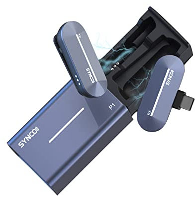 SYNCO P1T Lavalier Mikrofon 150 m Übertragungsreichweite mit Anstecksender + Mini-Typ-C-Empfänger + kabelloser Ladekoffer Eingebauter Akku Kompatibel mit Typ-C-Schnittstelle Smartphone Tablet Laptop