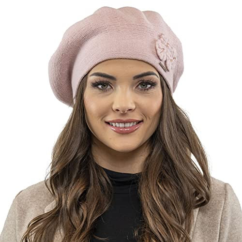 VIVISENCE Baskenmütze Damen Elegant Blume Warm Herbst Winter Accessoire 7006, Rosa,Einheitsgröße
