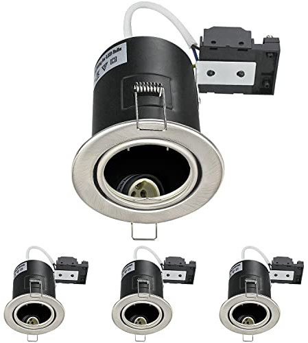 Unikcst 4X Fire Rated Downlights GU10 Spotlights Fitting 240V No Bulbs | 30°Tilt Recessed Ceiling Lights Brushed Chrome Downlight 240V for Bedroom Living Room Kitchen