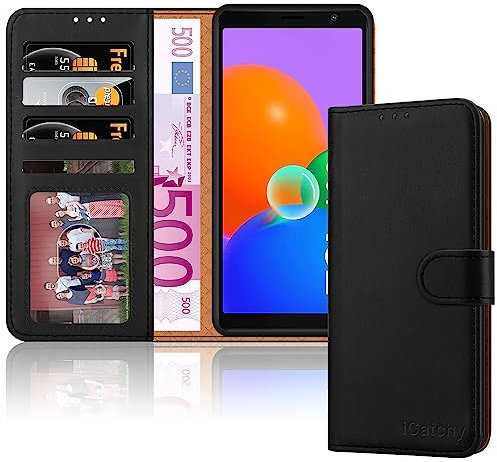 iCatchy for TCL 403 Case Leather Wallet Folio Book Flip Cover [RFID Blocking] Magnetic Closure Kickstand With Card Slots Full Protection Cover for TCL 403 Phone (Black)