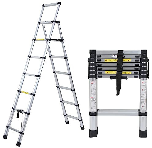 Ansobea Aluminium Teleskopleiter Klappleiter 2.0m+2.3m, A-Rahmen 6 +7 Stufen, Mehrzweckleiter 150kg Tragkraft, EN131