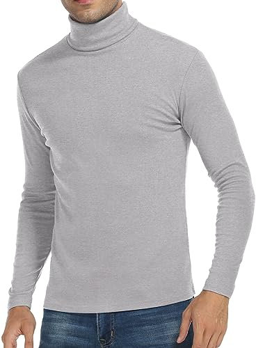 KUYIGO Mens Pullover Turtleneck Tops Jumpers Cotton Long Sleeve Slim Fit T-Shirts L Grey
