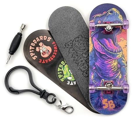 SPITBOARDS 32 * 96 mm Fingerboard Complete Wood Set-Up Assembled, 5-Layers, Silver Trucks with Bushings and Nuts, CNC Bearing Wheels in Transparent-Purple, Lasered Foam Grip Tape Purple T-Rex