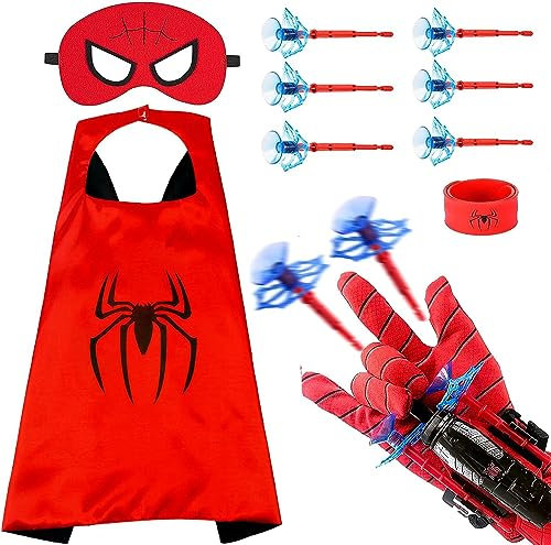 Spider Web Shooter, Spider Launcher Gloves Wrist Toys with Cape Spider Mask Spider Wrist for Kids Boys Girls (6P Sucker Bullets+Cape)