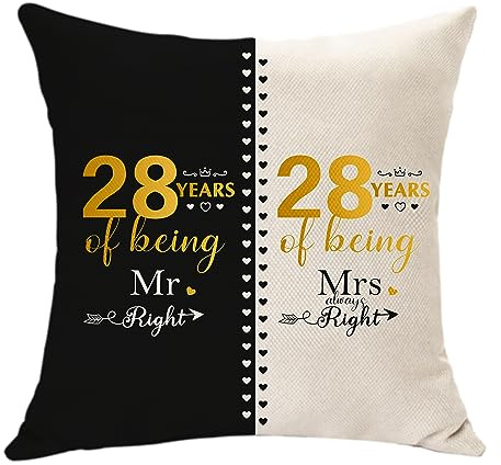 Mr. Right and Mrs. Always Right Anniversary Cushion Cover - 28th Wedding Gift for Couple, Husband, Wife - 28 Years of Marriage Keepsake for Her, Him, Dad, Mum