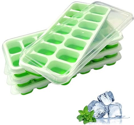 FRIENDJIA 4 Pack Ice Cube Tray with Lid - BPA Free Ice Cubes Molds, 14-Ice Trays Easy to Remove Ice Cube Tray, Best for Freezer, Water, Wine, Drinks and Other Frozen Liquids (Green)
