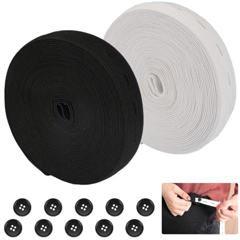 2 Rollo Bandas Elásticas con Ojal, 20mm x 6m Cinta Elástica con Ojales, Cinta de Goma Elastica Costura, Cinta Elástica Plana con 10 Botones de Resina Banda Pantalones para Pantalón Pretinas Maternidad