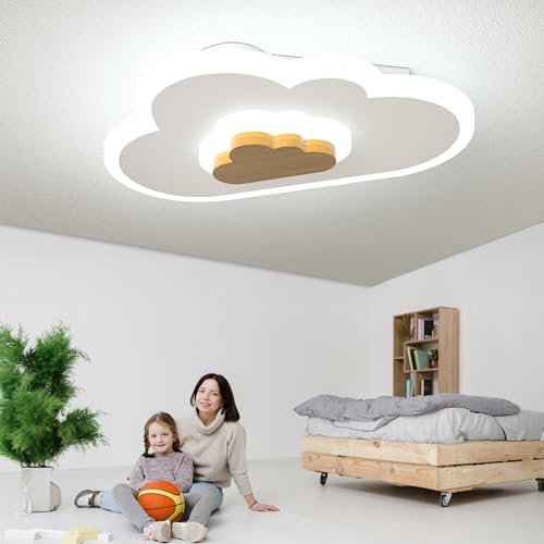 AOEH LED Deckenleuchte Schlafzimmer Kinderzimmerlampe Deckenlampe Deckenleuchte für Kinder Wolken deckenleuchte Holz 43W Stufenloses Dimmen mit Fernbedienung Mit Nachtlichtfunktion,70cm