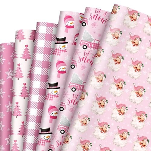 Whaline 12 Blatt rosa Weihnachts-Geschenkpapier Winter Pink Geschenkpapier Weihnachtsbaum Weihnachtsmann Schneemann Schneeflocke gefaltet flach DIY Handwerk Kunstpapier für Party Dekor Supplies, 50 x