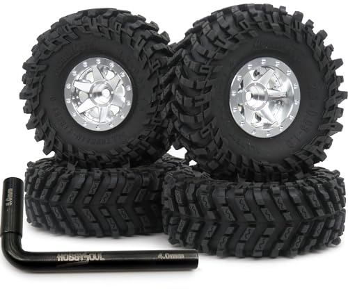 HOBBYSOUL 64 mm 1.0 Reifen F/R montiert 1.0 Beadlock-Räder, silberfarbene Felgen, Sechskant, 7 mm, negative Offsets 1.0, Räder für RC Mud Crawler 1/24 SCX24 FCX24 AX24 1/18 TRX4M