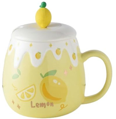 Jolie tasse en céramique avec couvercle - 450 ml - Pour couple, maison, bureau, petit déjeuner, café, lait, citron jaune (cuillère normale)