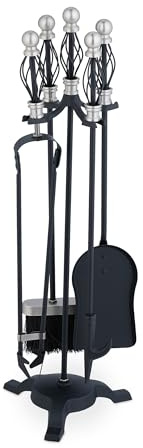 Relaxdays Kaminbesteck, 5-teiliges Set, Schürhaken, Ascheschaufel, Besen, Zange & Ständer, Kamingarnitur, schwarz/Silber