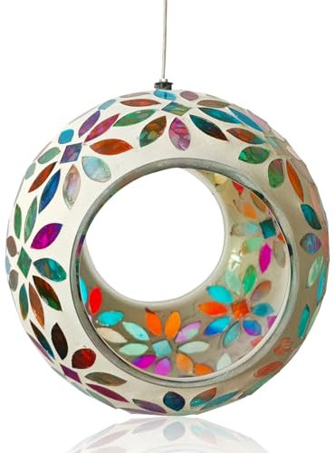 TOYUFREE Mosaik-Vogelfutterstation, zum Aufhängen an der Außenseite mit runder Form, Glas-Vogelfutterspender, um mehr Wildvögel anzulocken, Mosaik-Fliegen für Garten, Hof, Hinterhof, Deck und Veranda,