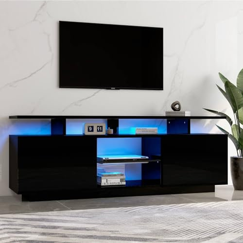 PUGSDRLY Meuble TV avec éclairage LED - Meuble TV Bas avec 5 Compartiments de Rangement Ouverts et 2 espaces de Rangement - Meuble de Rangement avec Compartiment en Verre pour TV de 60