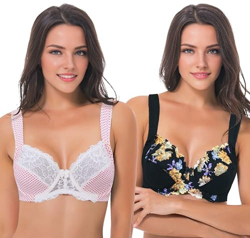 Curve Muse Reggiseno in Pizzo con Ferretto Sfoderato Taglie Forti con Spallacci Imbottiti-Confezione da 2-Black,Pink Print-3F