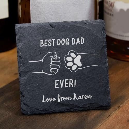 Personalised Slate Coaster for Dad Gifts for Fathers Day Custom Slate Coaster Gift for Dad Daddy Stepdad Him Men Brithday Christmas Coaster Engraved Best Dog Dad Ever (Design 1)
