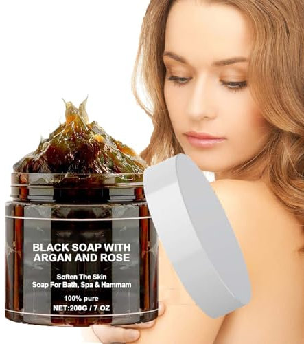 Jabón Negro Marruecos con Argán y Rosa,Zawina Morocco Black Beldi Soap,Jabón Negro Beldi Marruecos,Jabón Negro Exfoliante Corporal,Exfoliante Corporal de Marruecos,Barra de Jabón Negro Africano,200g