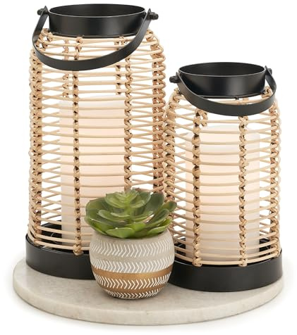 Natural Rattan Boho Lanterns - Handcrafted Chic Decor to Enhance Your Home - Modern Farmhouse Beauty Perfect for Any Living Room, Patio & Porch, Indoor and Outdoor Coffee Table or Kitchen Dining Table