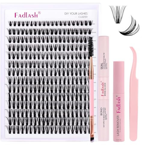 Fadlash Eyelash Extension Kit 0.07 D 8-16mm 50D Wispy Lashes Cluster Lashes Glue Bond And Seal With Tweezers&Eyebrow Brush Eyelash And Lash Adhesive Remover DIY At Home