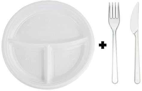 daybays 500 Sets Mehrweggeschirr – 3-Geteilte Menüteller mit Plastikgabeln & Plastikmessern | 1500 Teile | Spülmaschinengeeignet