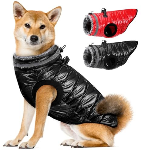 Eyein Wasserdichter Hundemantel mit Geschirr, Fleece Rollkragen Warme Hundewinterjacke mit doppeltem Reißverschluss, reflektierende Hundeschneejacke für kleine mittlere große Hunde, Schwarz, M
