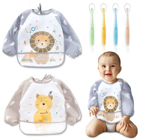 Shely Kids -Pack avec-Bavoir à Manches Longues Bébé (Lot de 2)-Cuillere Bébé 1er age x4 – tablier bebe pour manger-imperméable pour les 1er repas bebe et la Diversification Alimentaire bébé