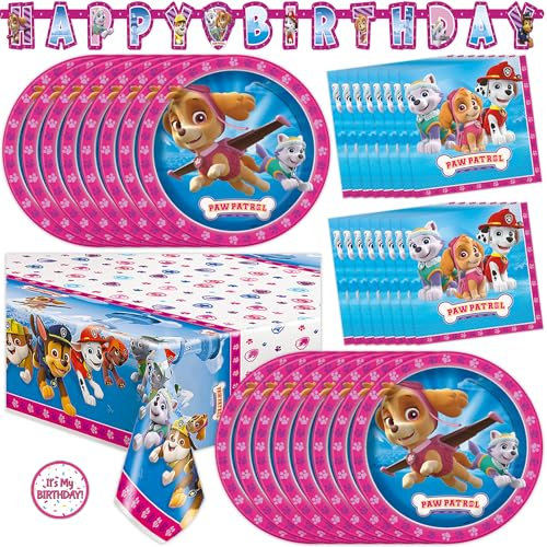 Skye Paw Patrol Geburtstagsdekorationen | Serves 16 | Banner, Tischdecke, Teller, Servietten Aufkleber | Paw Patrol Party Dekorationen