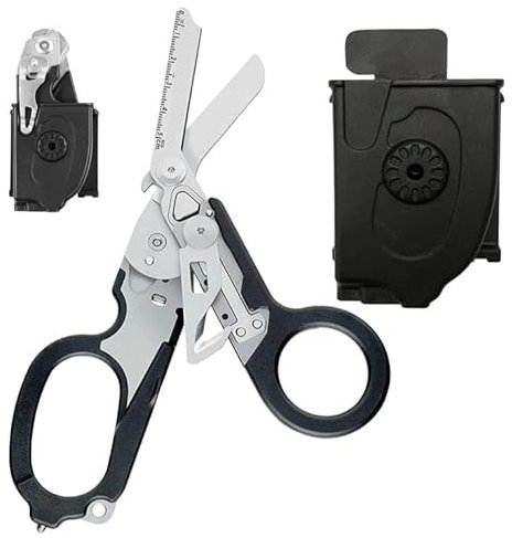 6 in 1 Multifunktions-faltbare Trauma-Schere mit kompatiblen Holster, Notfall-Response-Schere Camping Rettungswerkzeuge im Freien mit Bandschneider und Glasbrecher (Schwarz)