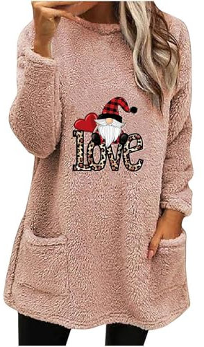 Felpa Donna in Pile con Senza Cappucci Maglia Natalizio Donna Felpa con Pile Curvy Manica Lunga Maglione Natale da Famiglia Taglie Forti Curvy Abito Lunga Sweatshirt con Tasche Felpa Lunga Donna
