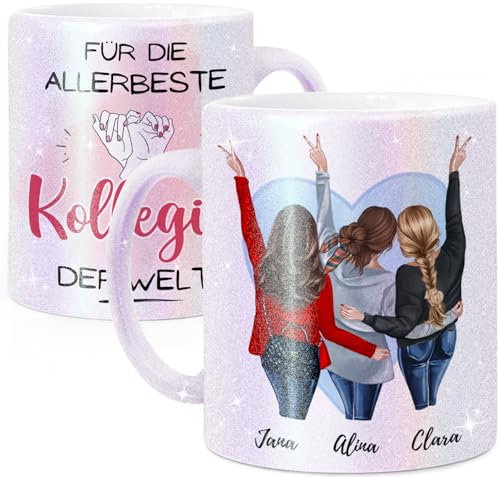 Tassenliebling® Glitzer Tasse 3 Kolleginnen - Abschied Kollegin Tasse mit Spruch für die Arbeit - Abschiedsgeschenk für Jobwechsel Lieblingskollegin Arbeitskollegin Chefin - Bürotasse - Perlmutt