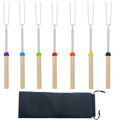 FeiFanChoice 7 PCS Rainbow Marshmallow Toasting Forks, Extendable Barbecue Forks for Hot Dog Bonfire BBQ Smores Skewers