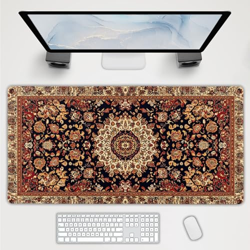 Gaming-Mauspad im Vintage-Stil, XXL, dunkelbraun, Retro-Teppich, ästhetisch, erweitert, große Matte, Mauspad, Schreibtischunterlage, rutschfeste Gummiunterseite, genähte Kanten, Blume, Tastatur-Pad,