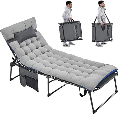 Abician Transat Inclinable à 5 Positions Charge 136kg Coussin Amovible | Bains de Soleil Pliable Multifonctionnel Appuie-tête Poche Latérale Trou pour Visage, Bronzer le Dos, Piscine Plage Terrasse