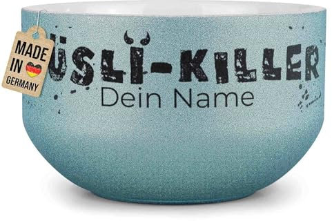 PR Print Royal Glitzer Müslischale mit Name selbst gestalten - Müsli Killer - Personalisiertes Geschenk für Familie und Freunde - Keramik Schüssel, Blau 500 ml