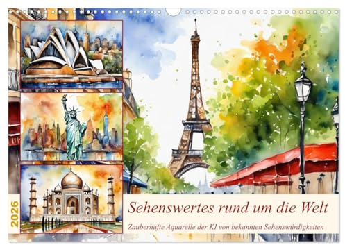 Sehenswertes rund um die Welt (Wandkalender 2026 DIN A3 quer), CALVENDO Monatskalender: Zauberhafte Aquarelle der KI von bekannten Sehenswürdigkeiten (CALVENDO Orte)
