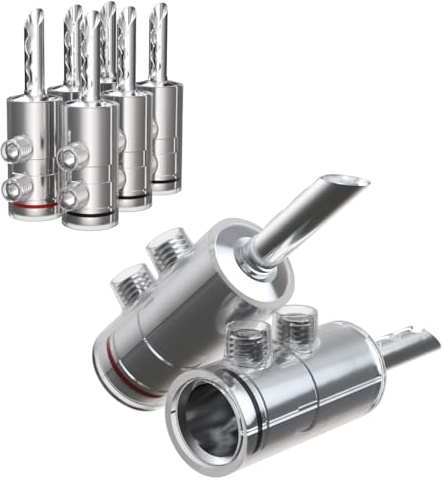 Monosaudio BA1475R Bananenstecker, Rhodiniert BFA, 8 Stück | Doppelschraubenverriegelung, Für 8-20AWG/0,75-4mm Lautsprecherkabel, HiFi Audio Stecker
