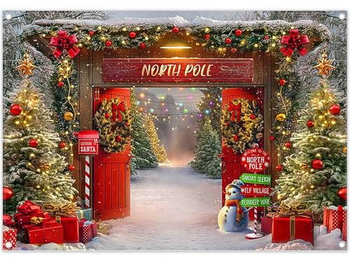 Luminora 7x5ft North Pole Red Wooden Door Santa's Home Backdrop Fairy | Polyester Fabric, Tapestry, Village Snowy Forest Reindeer Background, Kids Family Party Supplies, Outdoor Photo Booth