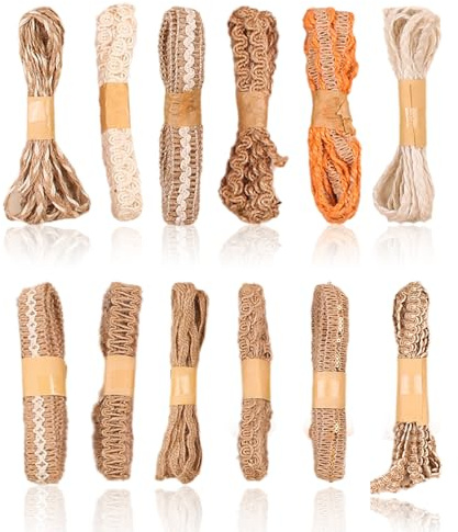 12 Rouleaux Ruban de Jute, Ruban Jute Dentelle Toile de Jutes, Vintage Rubans Dentelle Décoratif pour Noël Mariage Table Bricolage Emballage Cadeau