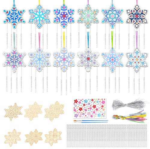 SRIZIAN 12 Stück Weihnachten Schneeflocke Windspiel Bastelset Kinder, Holz Basteln Windspiele für Kinder Mädchen Junge Geburtstagsfeier Weihnachtsbaum Dekoration DIY Kinderspielzeug