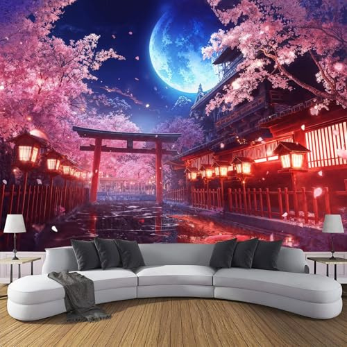 ANALTIRCE Papier Peint Panoramique Style Japonais Rue Poster Intissé Geant Mural 3D 350× 256cm Photo Mural Animé Sakura Wallpaper pour Chambre Salon Personnalisé XXL Décoration Murale Rouge