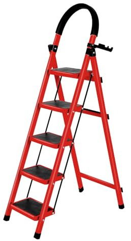 Escabeau Pliable avec Main Courante -5 marches - Antidérapant, Facile à Ranger - Marches Larges - 152 * 87 * 39cm/ Rouge