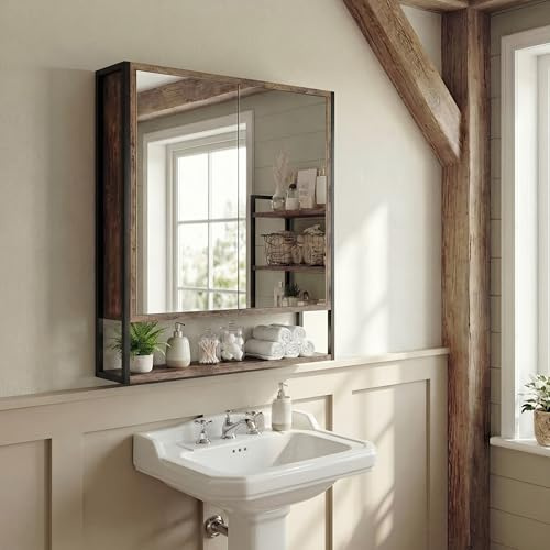 Bath Vida 2 Door Mirrored Bathroom Cabinet | Wall Mounted Industrial Medicine Cabinet | MDF Rustic Wood & Black Frame | Adjustable Shelf & Open Bottom Shelf | FSC 100% | 16D x 54W x 60H cm