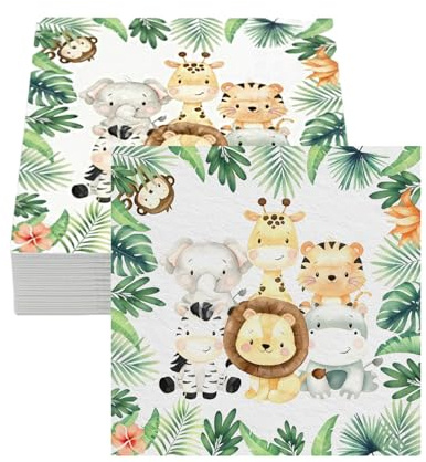 Sdhgerh 40 Stück Dschungel Tiere Servietten 33x33 cm, Motiv Servietten für Kindergeburtstag, Jungle Party Dekoration für Jungen und Mädchen
