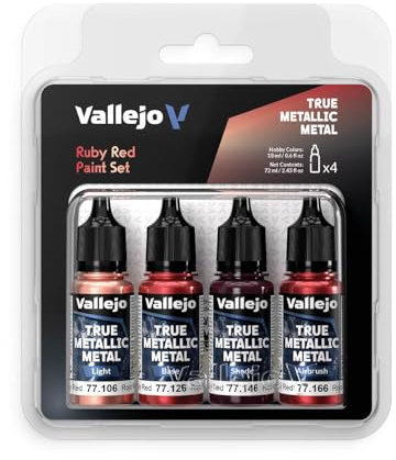 Vallejo Peinture Métallique True Metallic Ruby Red, Set de 4 Couleurs pour Métaux, BASE, LIGHT, SHADE, AIRBRUSH, Système BSL, Résultats Consistents et Adaptables