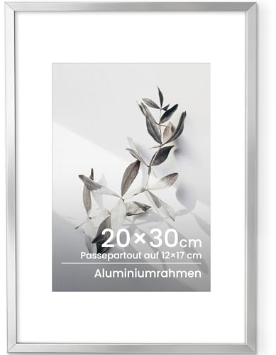 Feihorrm Bilderrahmen 20x30, Aluminium 20x30 cm Fotorahmen, Metall Posterrahmen Mit gehärtetem Glas, Für 20x30 cm-Fotos oder 12x17 cm-Fotos mit Passepartout, ideal in Kunstwerke, Zertifikate, Silber