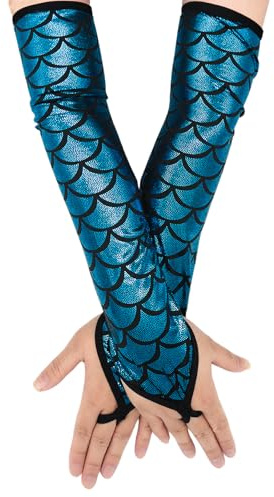 SNBUHA Handschuhe Meerjungfrau, Fingerlose Meerjungfrau Armstulpen, Fischschuppen Lange Armstulpen für Cosplay Karneval Party Halloween Kostüm, Hellblau