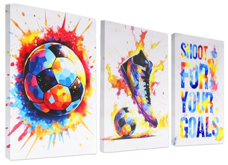 YunBey 3er Set Fußball Wandbild – Aquarell Deko für Jugend | 3 Fußball-Drucke mit Holzrahmen, Aquarell, 40x30 cm. Für Jungen, Mädchen, Spiel-, Wohn- & Klassenzimmer. Geschenk.