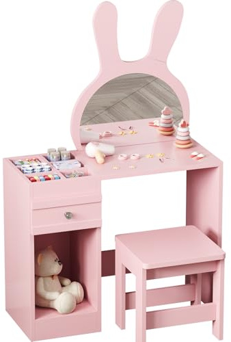 Luxstein Kinder Schminktisch mit Hocker, Mädchen Frisiertisch und Schreibtisch, Hasenohren Spiegel, Holz Schminktisch mit 1 Schublade, 6 Ablagefächern und offenem Fach, für Kinder ab 3 Jahren, Rosa