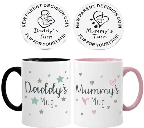 Hojalis New Mum Dad Coffee Mugs Set with 1 Double-Sided Decision Coin, Mummy and Daddy Mugs, Pregnancy Gift for Mum Expecting, New Mummy Daddy Gifts, Couple Gifts for Parents Frist Time Mom Dad