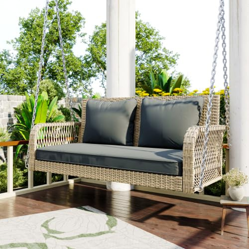 kozamas Columpio de jardín de 2 plazas de polirratán, resistente a la intemperie, juego de muebles de jardín con cojines extraíbles para asiento y respaldo, diseño de salón para balcón, terraza y